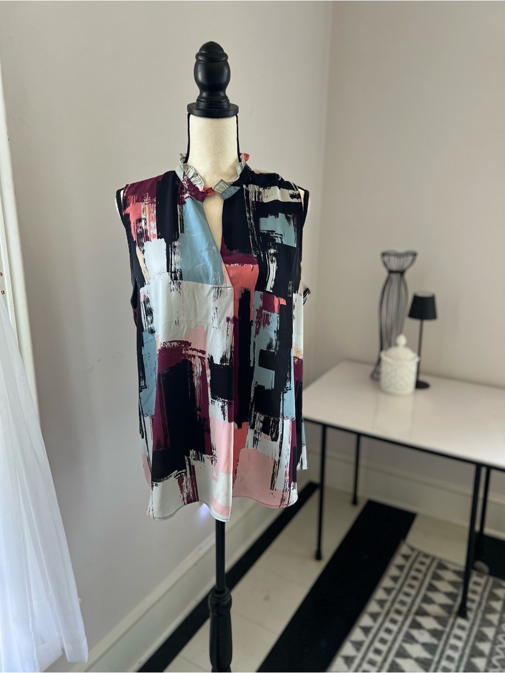 Van Heusen Abstract Brushstroke Sleeveless Top - Black, Pink, Blue, Cream